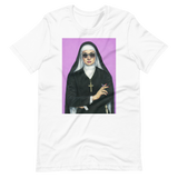 nun smoking artwork on white t-shirt