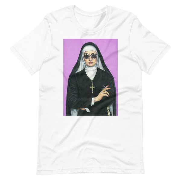 nun smoking artwork on white t-shirt