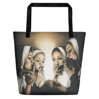 large printed tote with art of four nuns smoking in a dark room