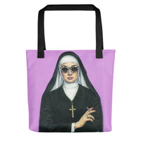 beautiful nun smoking printed tote bag for shopping or large purse with purple background