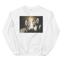 white crewneck sweatshirt jumper pullover of popular nuns smoking artwork