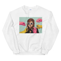 white crew neck sweatshirt, with original Liana Z. Weber art, design inspired by covid-19