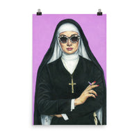 24 x 36 inch high quality art poster. artwork of a nun smoking on a purple background