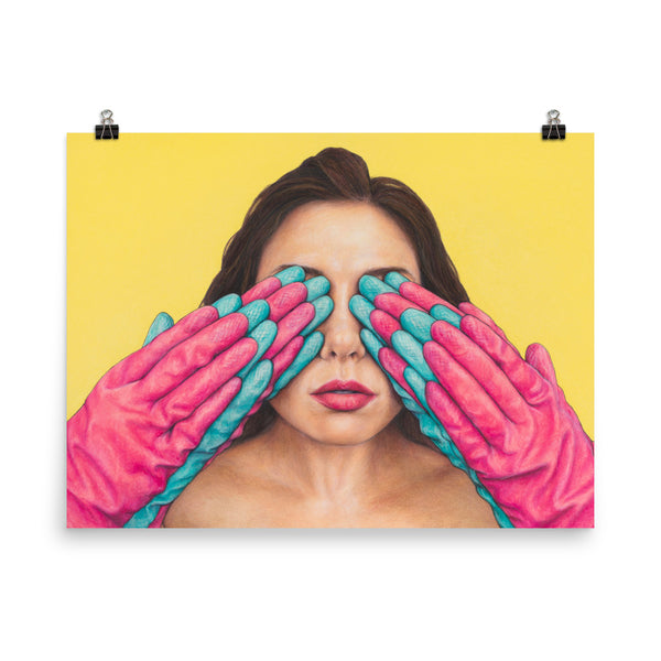 18 x 24 inch poster of pink and blue rubber gloves covering woman's eyes on yellow background