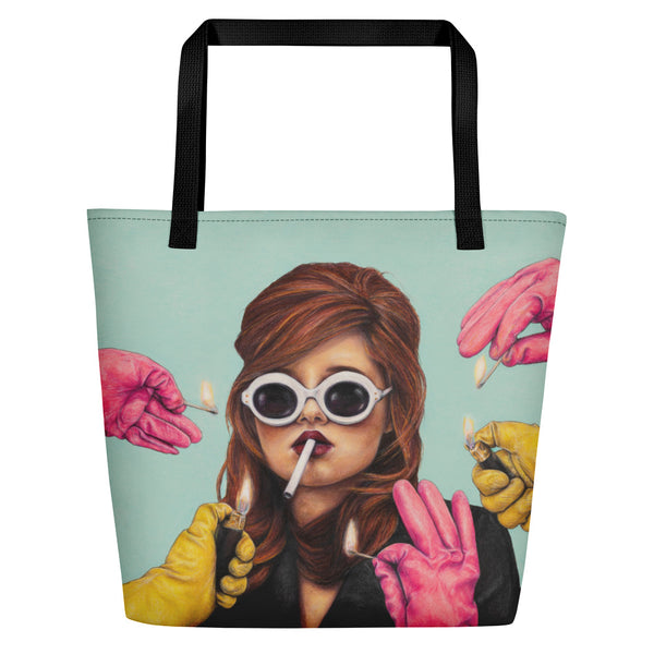 trendy beach bag with art of lady smoking while pink & yellow gloves offer a light on dusty blue