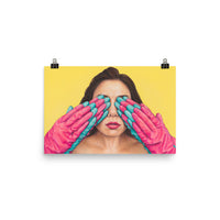 12 x 18 inch poster of pink and blue rubber gloves covering woman's eyes on yellow background