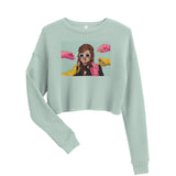 dusty blue crop top sweatshirt with art of lady smoking & rubber gloves offering her a light