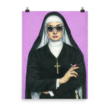 18 x 24 inch high quality art poster. artwork of a nun smoking on a purple background