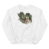 white crewneck sweatshirt with vintage style green monster holding woman