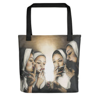 trendy shoulder tote bag with pretty, nuns smoking, weed around a lighter, nuns smoking tote bag