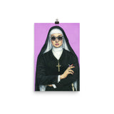 12 x 16 inch high quality art poster. artwork of a nun smoking on a purple background