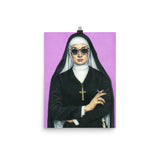 12 x 18 inch high quality art poster. artwork of a nun smoking on a purple background