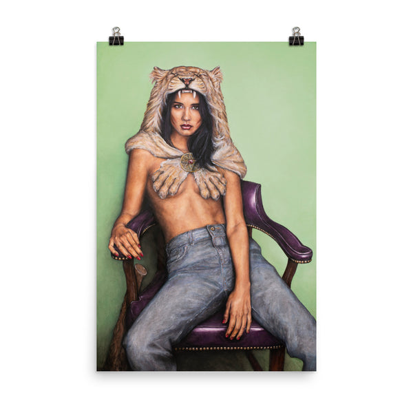 A 24 inch by 36 inch museum quality liana z weber artworks original poster. beautiful and affordable wall art of a strong female sitting, leaning back in a purple chair against a soft light green background. She is wearing a lion headdress and is staring boldly at the viewer. She is the female version of the legendary mythological character Hercules. A strong and badass woman that needs no one and is self assured.